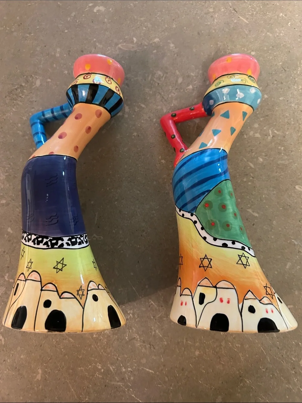 Colorful Shabbat Ceramic Candle Holders - Set of 2